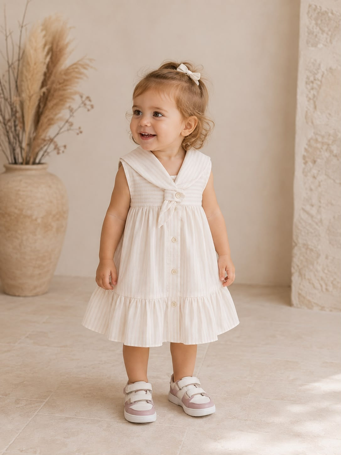 1+ IN THE FAMILY jurk baby Empuries beige wit zomerjurk