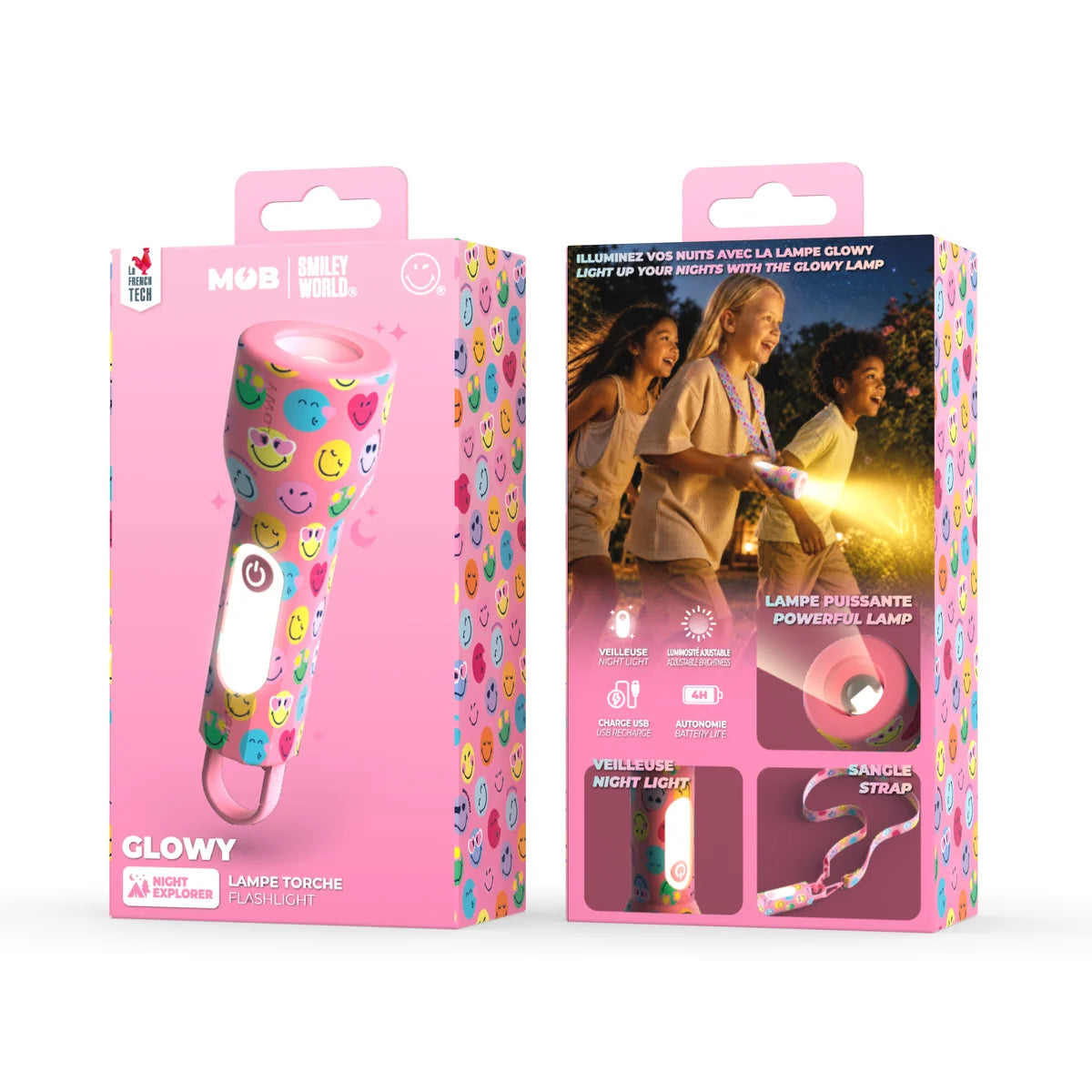 MOB Glowy Smiley World roze – zaklamp en nachtlampje met smileys