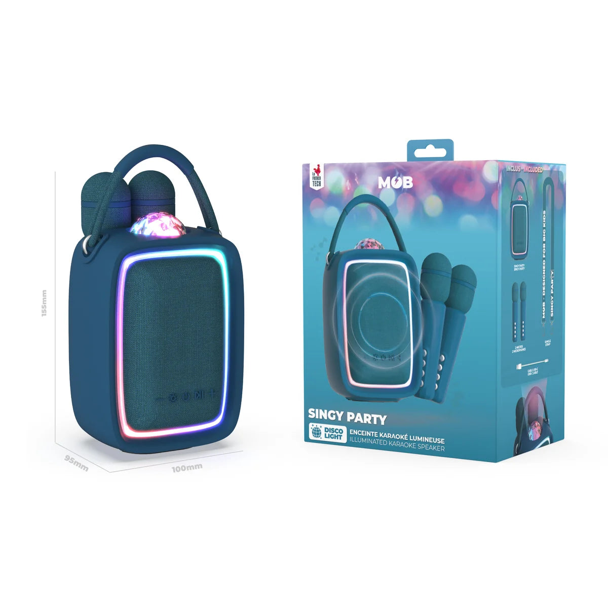 MOB Singy Party donkerblauw – karaokeset met microfoons, Bluetooth-speaker en discolicht