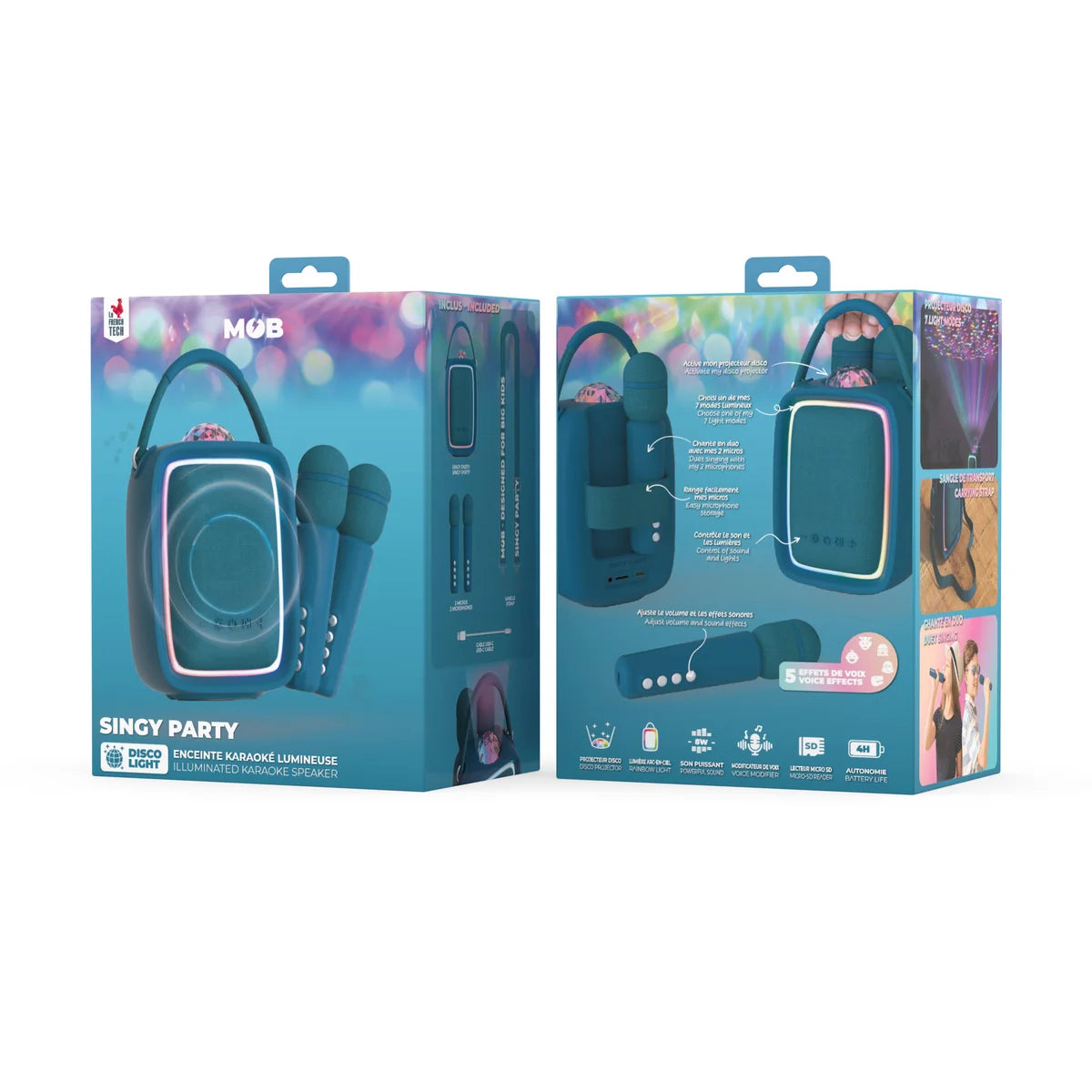 MOB Singy Party donkerblauw – karaokeset met microfoons, Bluetooth-speaker en discolicht