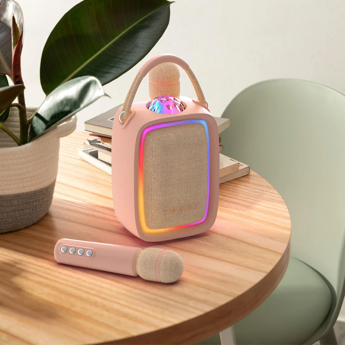 MOB Singy Party roze – karaokeset met microfoons, Bluetooth speaker en discolicht