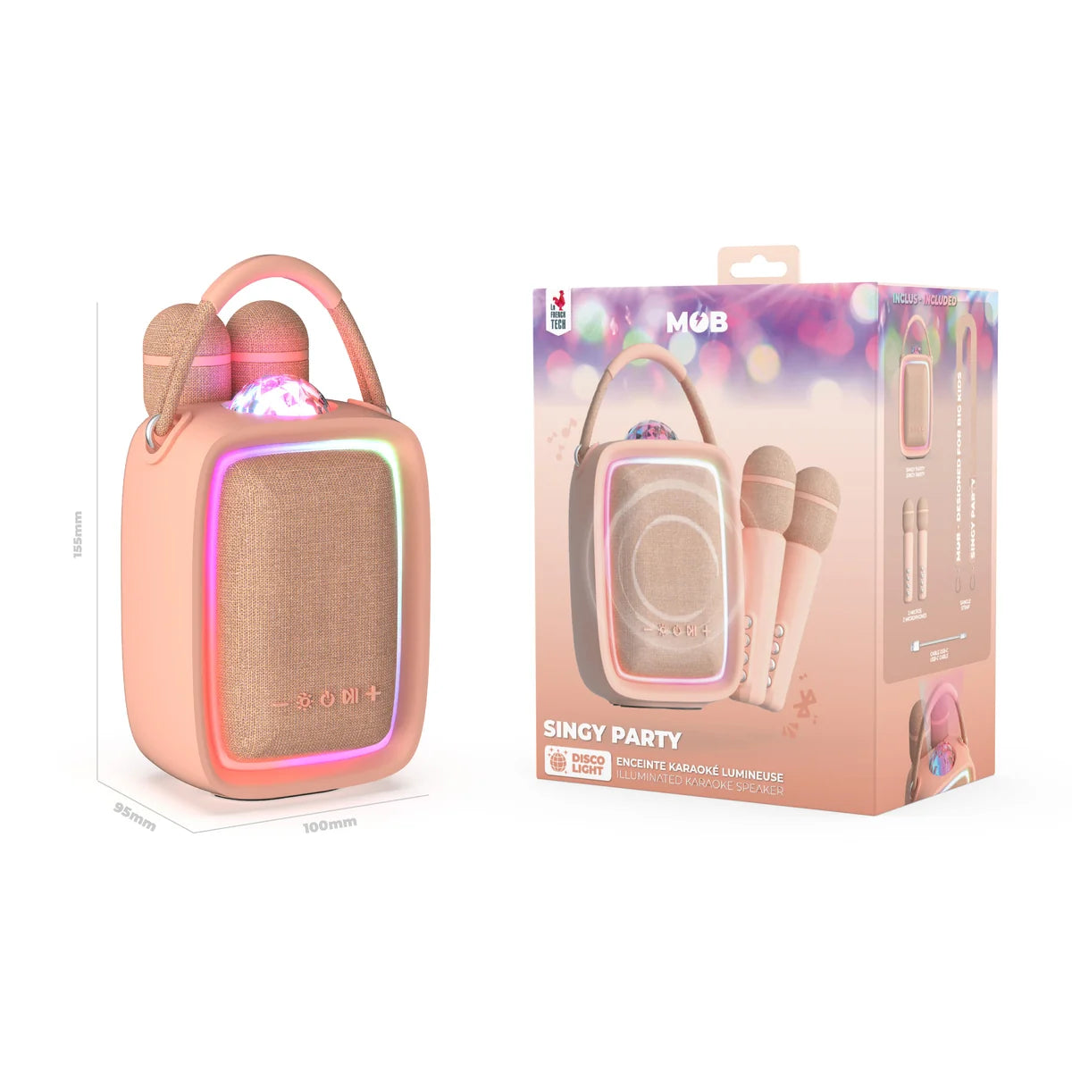 MOB Singy Party roze – karaokeset met microfoons, Bluetooth speaker en discolicht