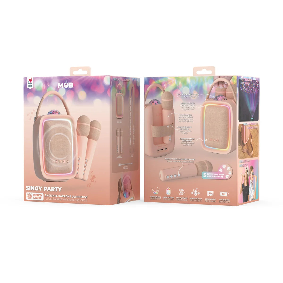 MOB Singy Party roze – karaokeset met microfoons, Bluetooth speaker en discolicht