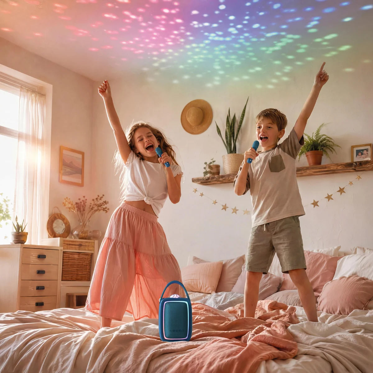 MOB Singy Party donkerblauw – karaokeset met microfoons, Bluetooth-speaker en discolicht