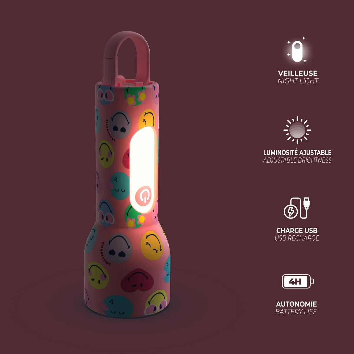 MOB Glowy Smiley World roze – zaklamp en nachtlampje met smileys