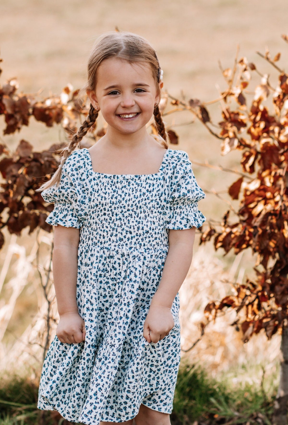 The New jurk kind Niki S/S Dress White Swan AOP (wit met blauwe print)