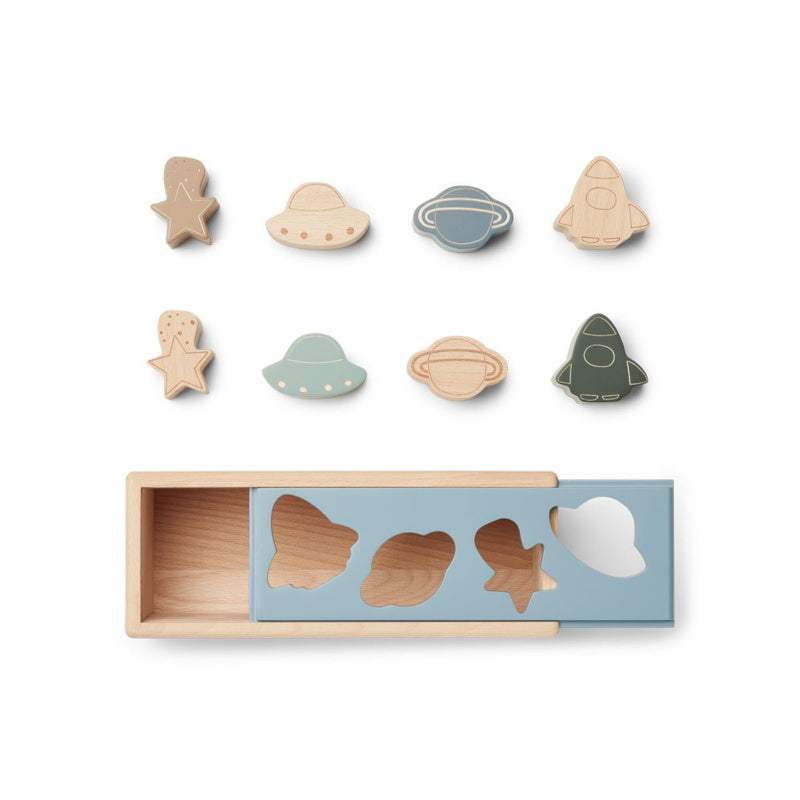 LIEWOOD vormenstoof puzzelboek Midas Space Blue Fog Multi Mix blauw