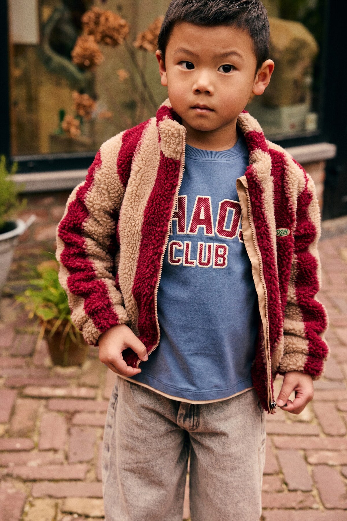 Daily7 teddy jas jongen rood gestreept Teddy Jacket Striped Rythmic Red