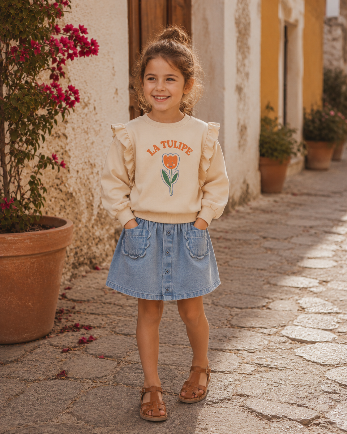 EMILE ET IDA sweater meisje Volant Tulipe Farine (gebroken wit)