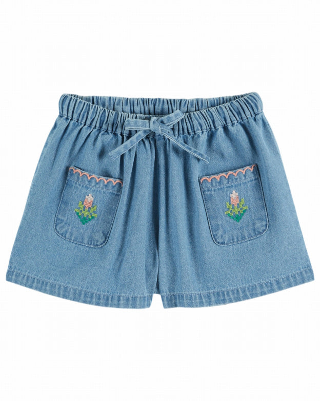 Emile et Ida | SHORT DENIM LIGHT BRODE ROSE | Denim Light