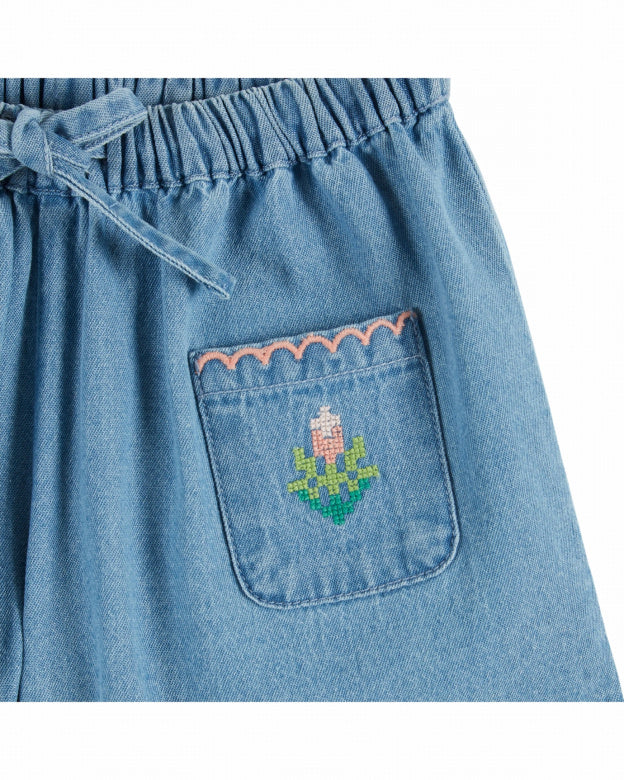 Emile et Ida | SHORT DENIM LIGHT BRODE ROSE | Denim Light