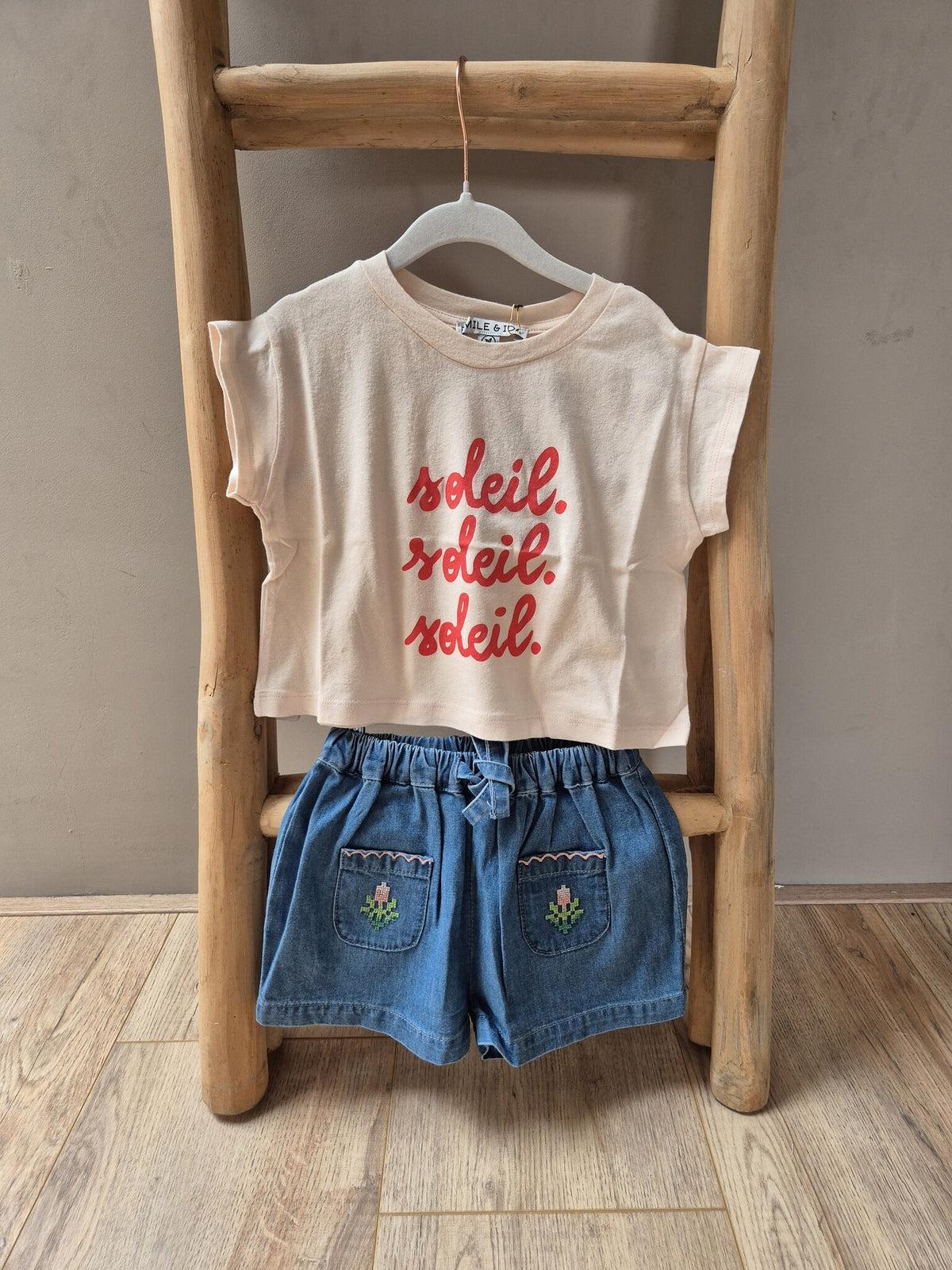 Emile et Ida | SHORT DENIM LIGHT BRODE ROSE | Denim Light