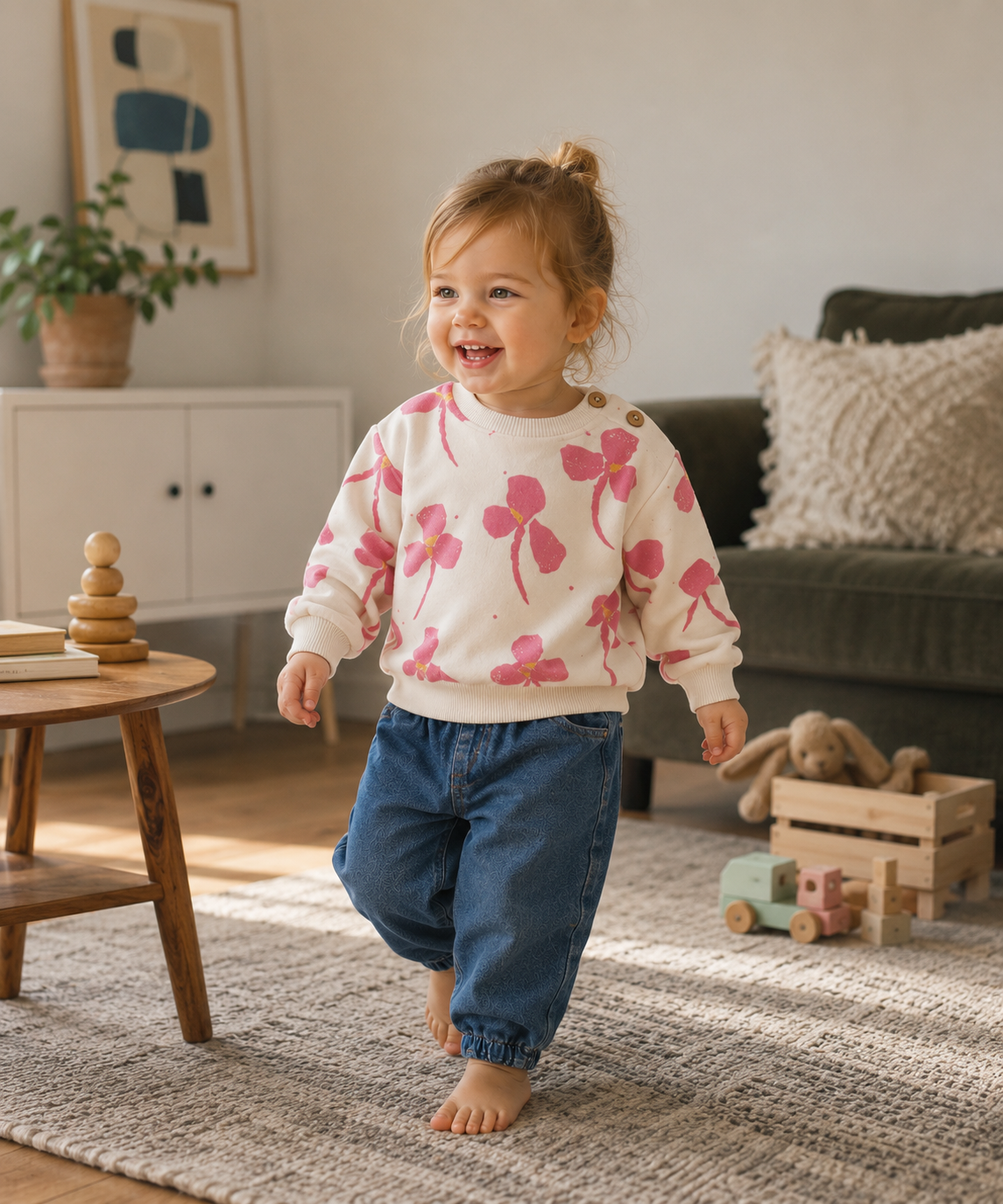 PLAY UP fleece sweater trui kind Printed Sketches Ecru (gebroken wit)