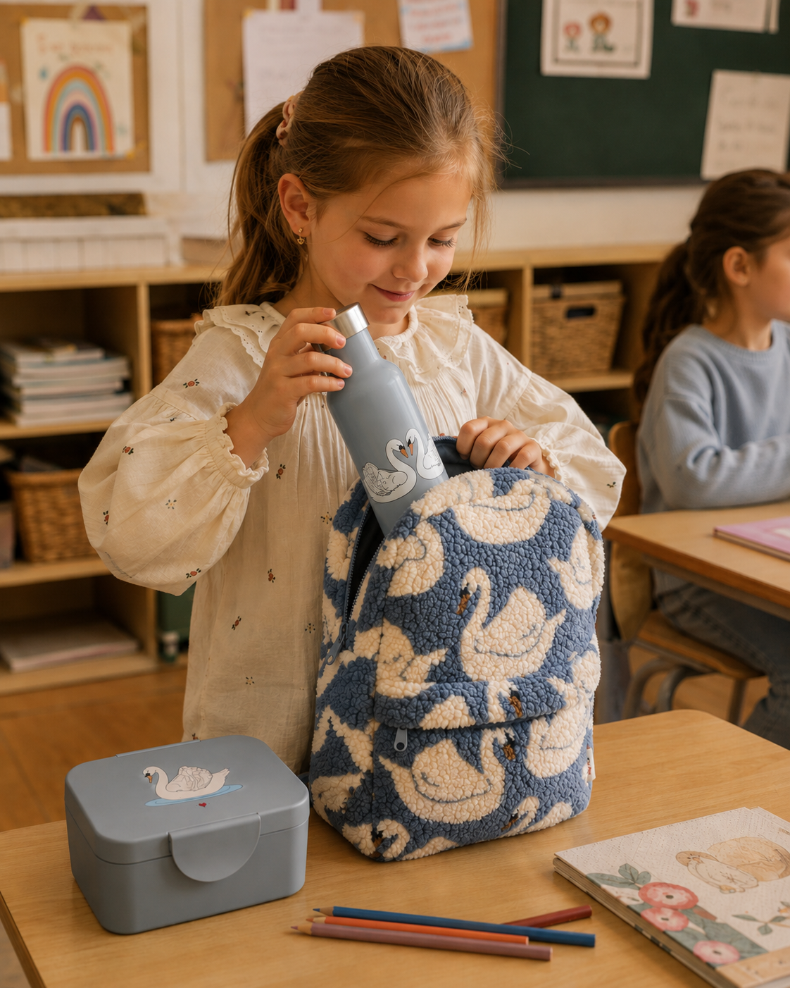 KONGES SLØJD thermosfles kind Swan Blue blauwe drinkfles zwaan