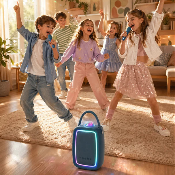 MOB Singy Party donkerblauw – karaokeset met microfoons, Bluetooth-speaker en discolicht