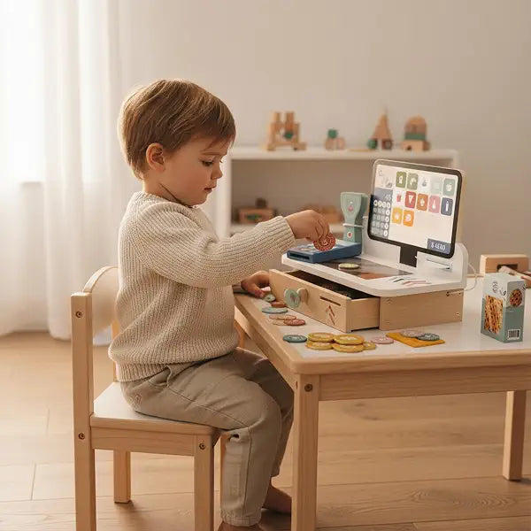 Speedy Monkey houten kassa – winkeltje spelen en boodschappen afrekenen