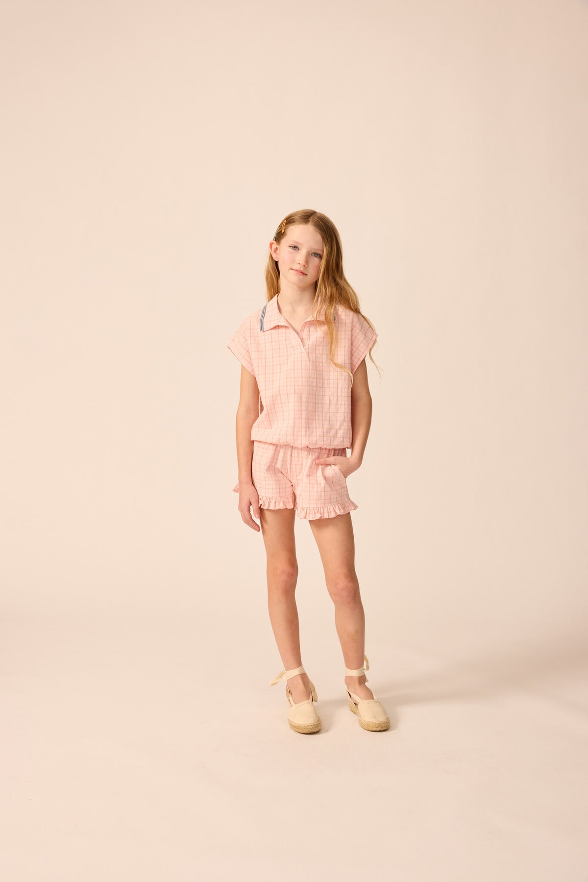 The Sunday Collective korte broek meisje Ruffle Shorts Pink Plaid roze geruit