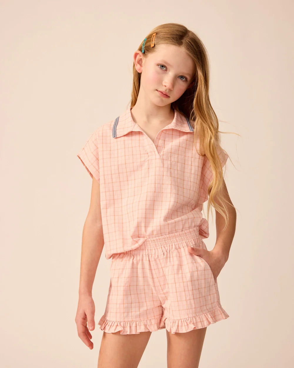 The Sunday Collective korte broek meisje Ruffle Shorts Pink Plaid roze geruit