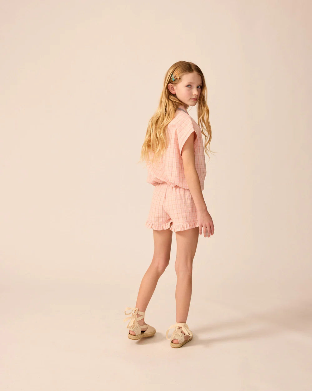 The Sunday Collective korte broek meisje Ruffle Shorts Pink Plaid roze geruit