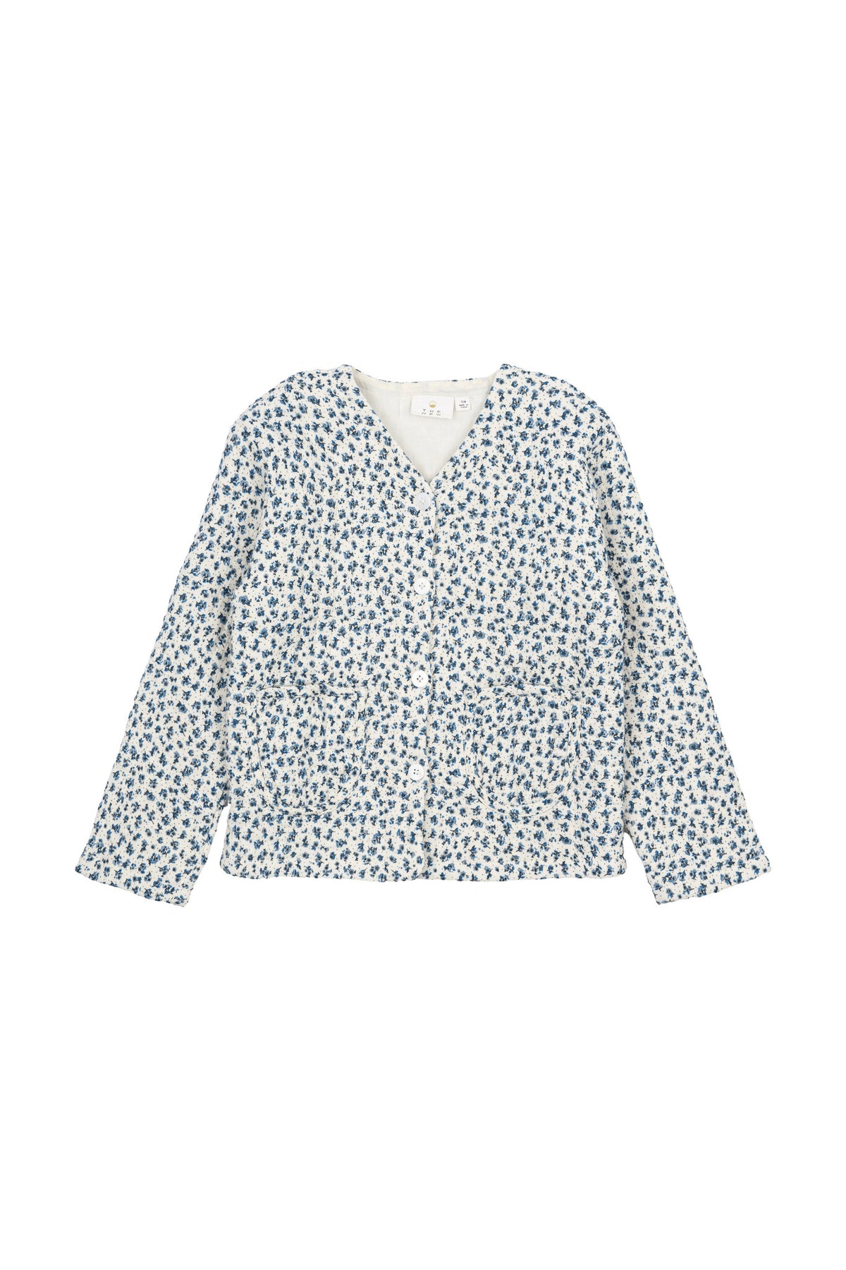 The New jas kind Niki Quilted Jacket White Swan AOP (wit met blauwe print)