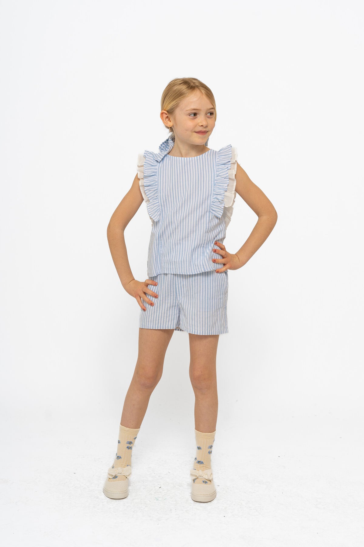 The New korte broek kind Nalani Shorts White Swan Striped (wit en blauw gestreept)